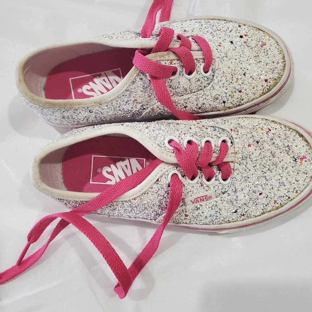 Kids White Glitter Vans with Pink Details and Pink Laces - Size 11